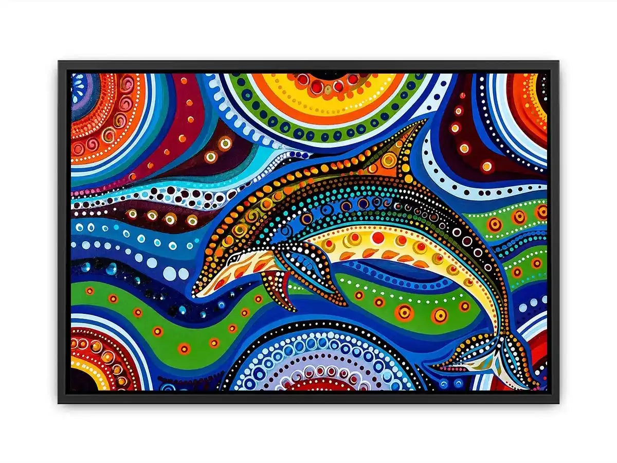 Colorful abstract dolphin canvas wall art for modern coastal living room decor.