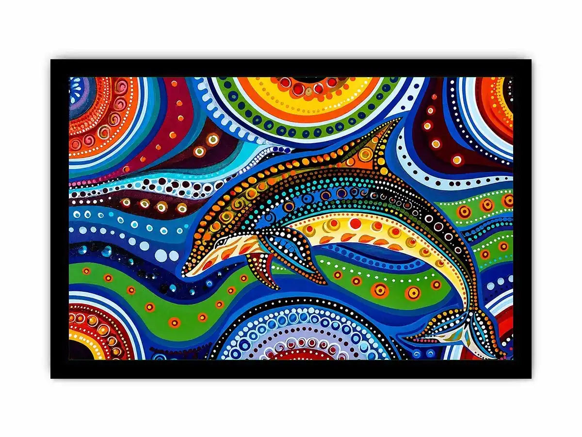 Colorful abstract dolphin canvas wall art for modern coastal living room decor.