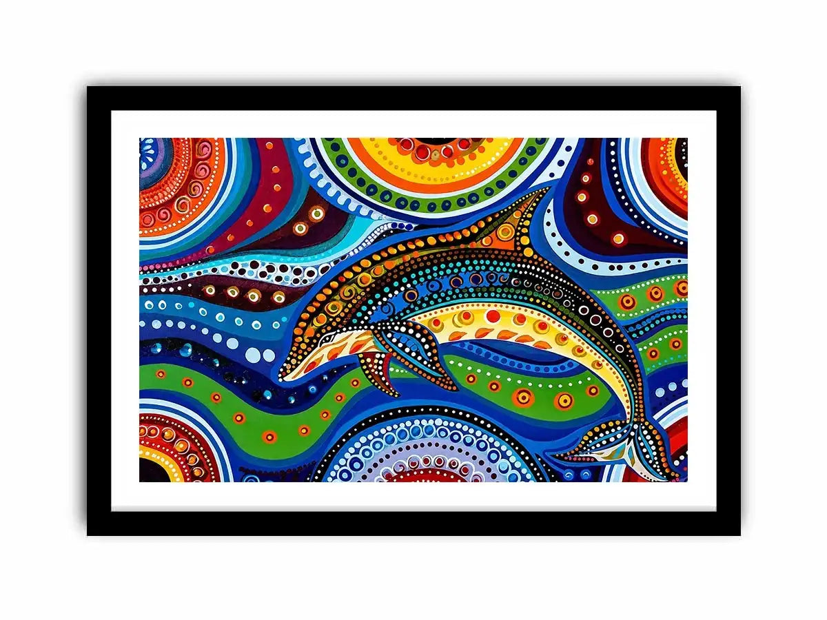 Colorful abstract dolphin canvas wall art for modern coastal living room decor.
