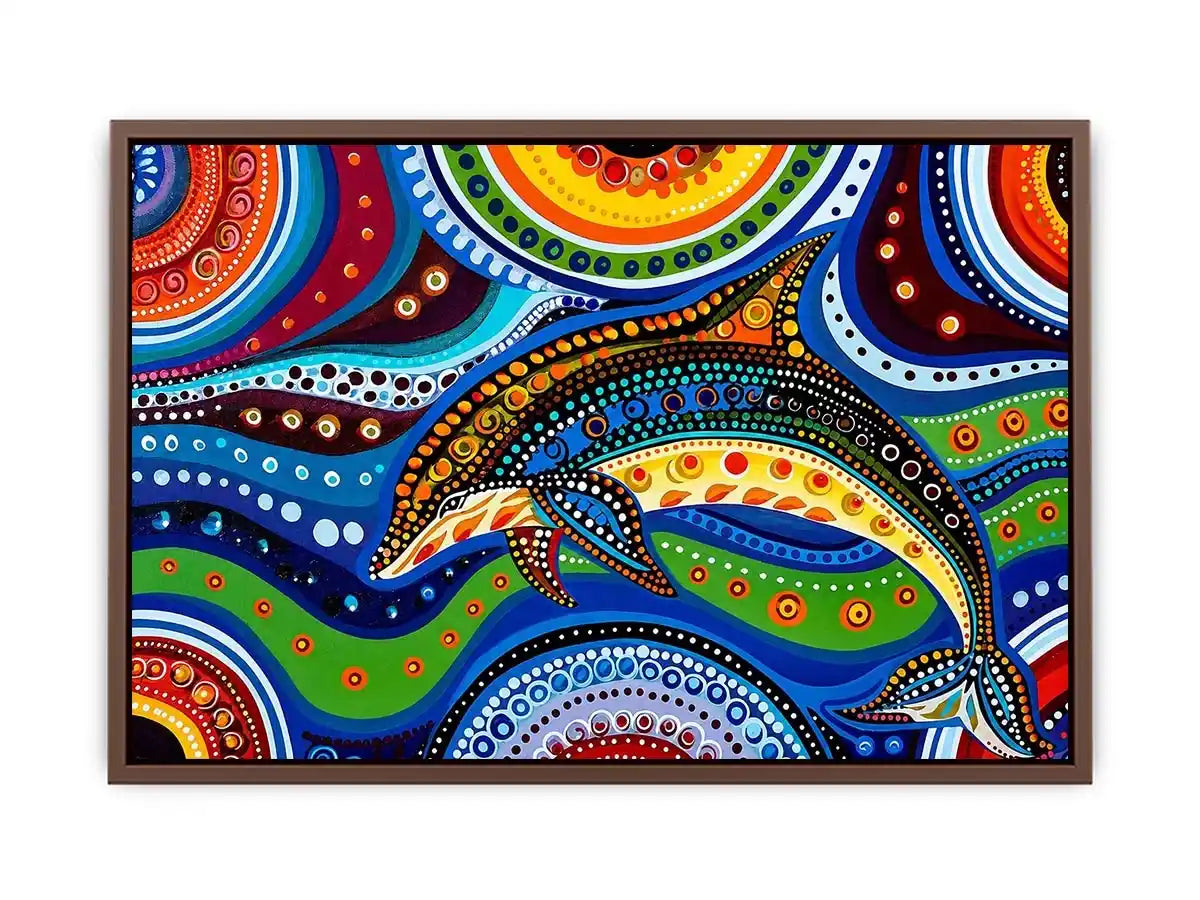 Colorful abstract dolphin canvas wall art for modern coastal living room decor.