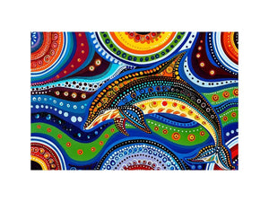 Colorful abstract dolphin canvas wall art for modern coastal living room decor.