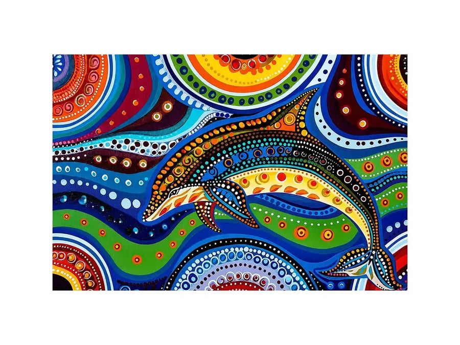Colorful abstract dolphin canvas wall art for modern coastal living room decor.