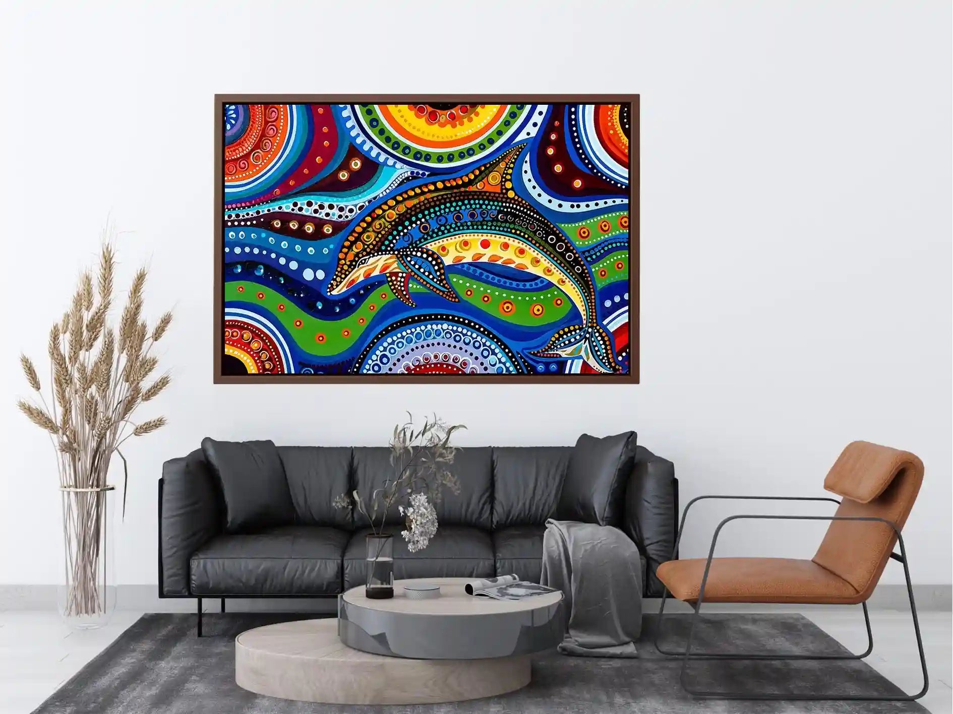 Colorful abstract dolphin canvas wall art for modern coastal living room decor.