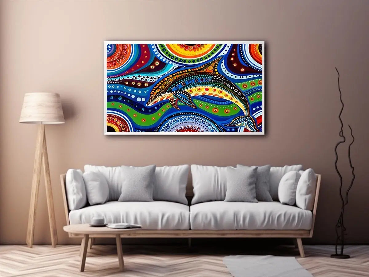 Colorful abstract dolphin canvas wall art for modern coastal living room decor.