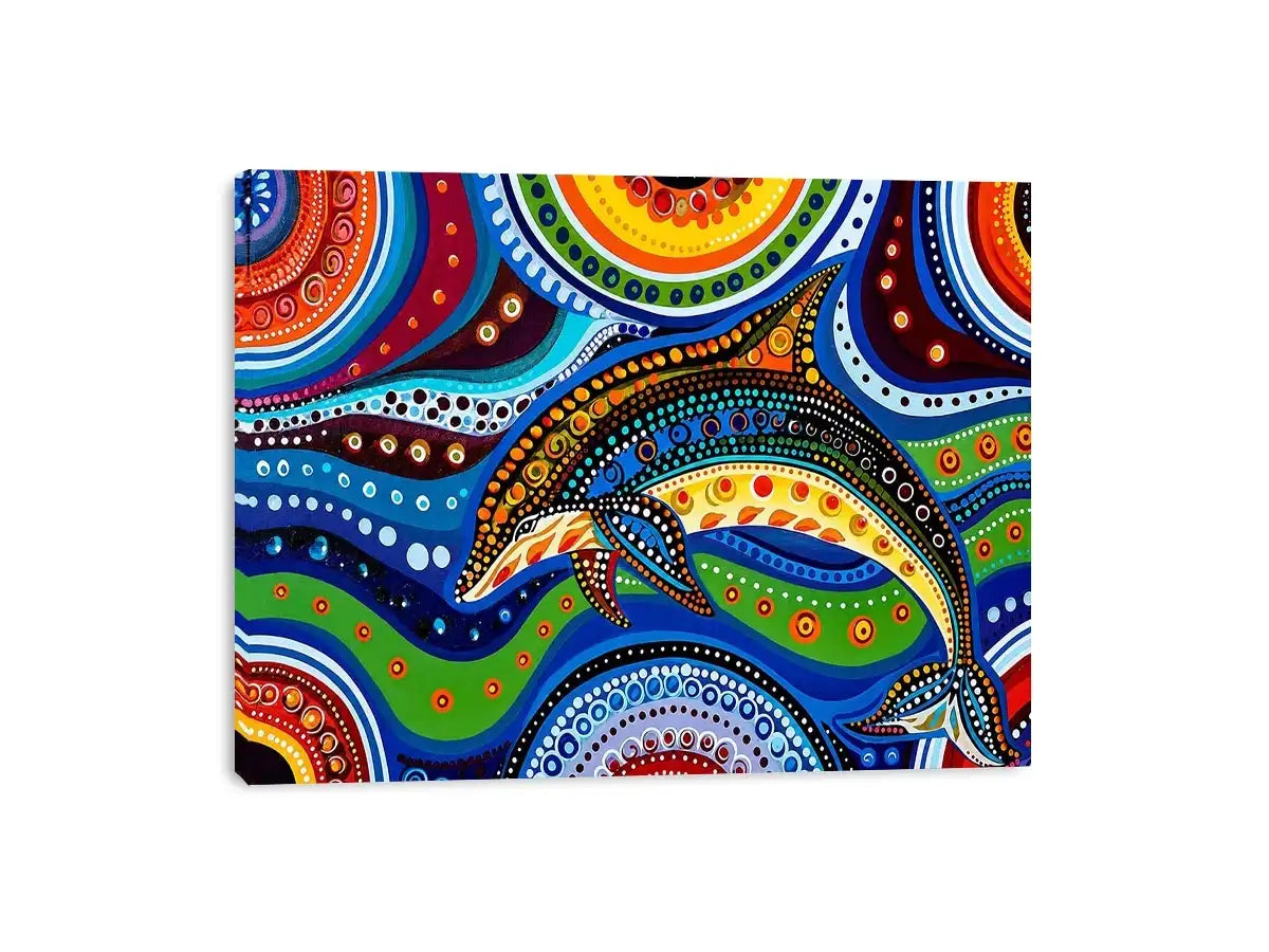 Colorful abstract dolphin canvas wall art for modern coastal living room decor.