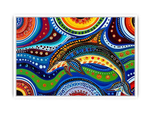 Colorful abstract dolphin canvas wall art for modern coastal living room decor.