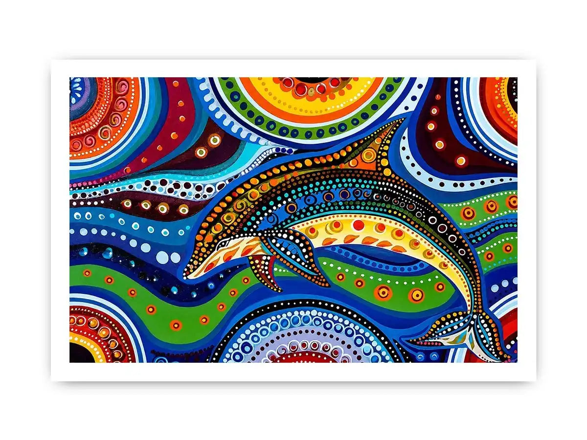 Colorful abstract dolphin canvas wall art for modern coastal living room decor.
