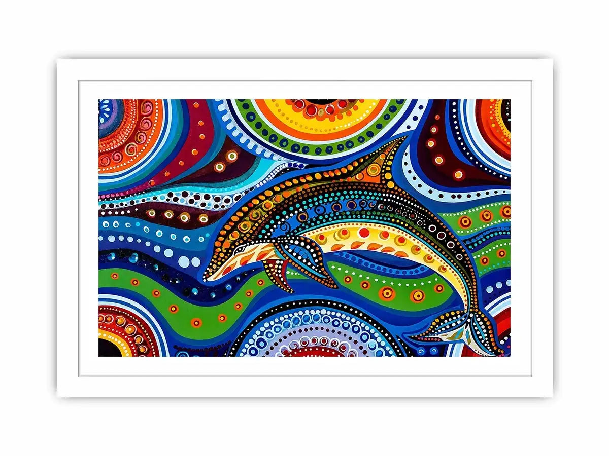 Colorful abstract dolphin canvas wall art for modern coastal living room decor.
