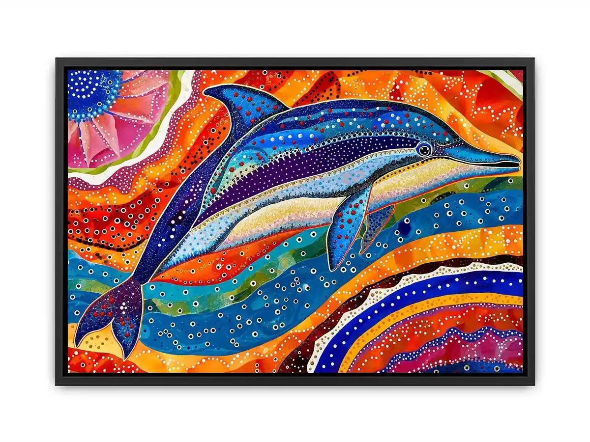 Vibrant dolphin canvas wall art for colorful coastal living room decor.