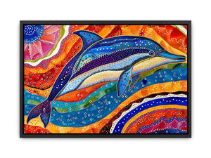 Vibrant dolphin canvas wall art for colorful coastal living room decor.