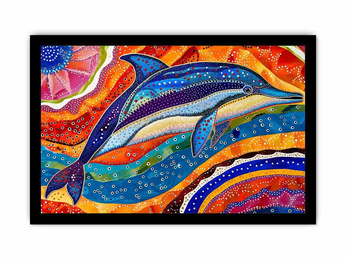 Vibrant dolphin canvas wall art for colorful coastal living room decor.