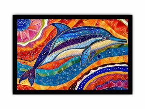 Vibrant dolphin canvas wall art for colorful coastal living room decor.