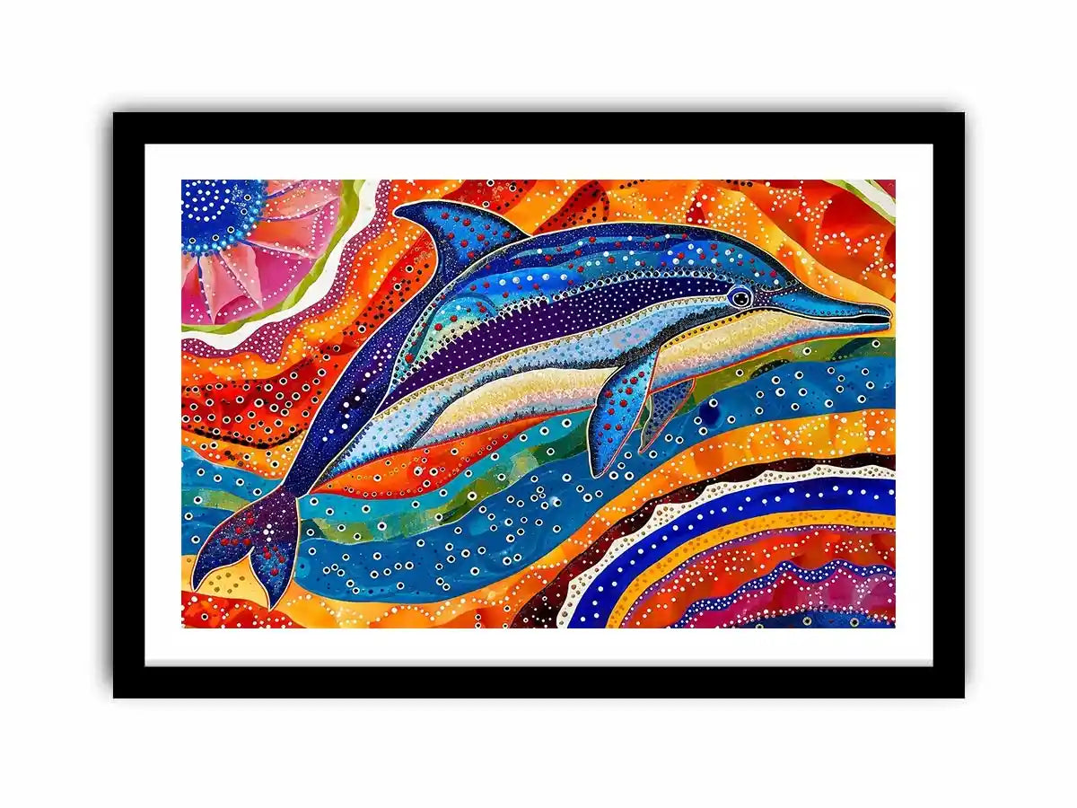 Vibrant dolphin canvas wall art for colorful coastal living room decor.