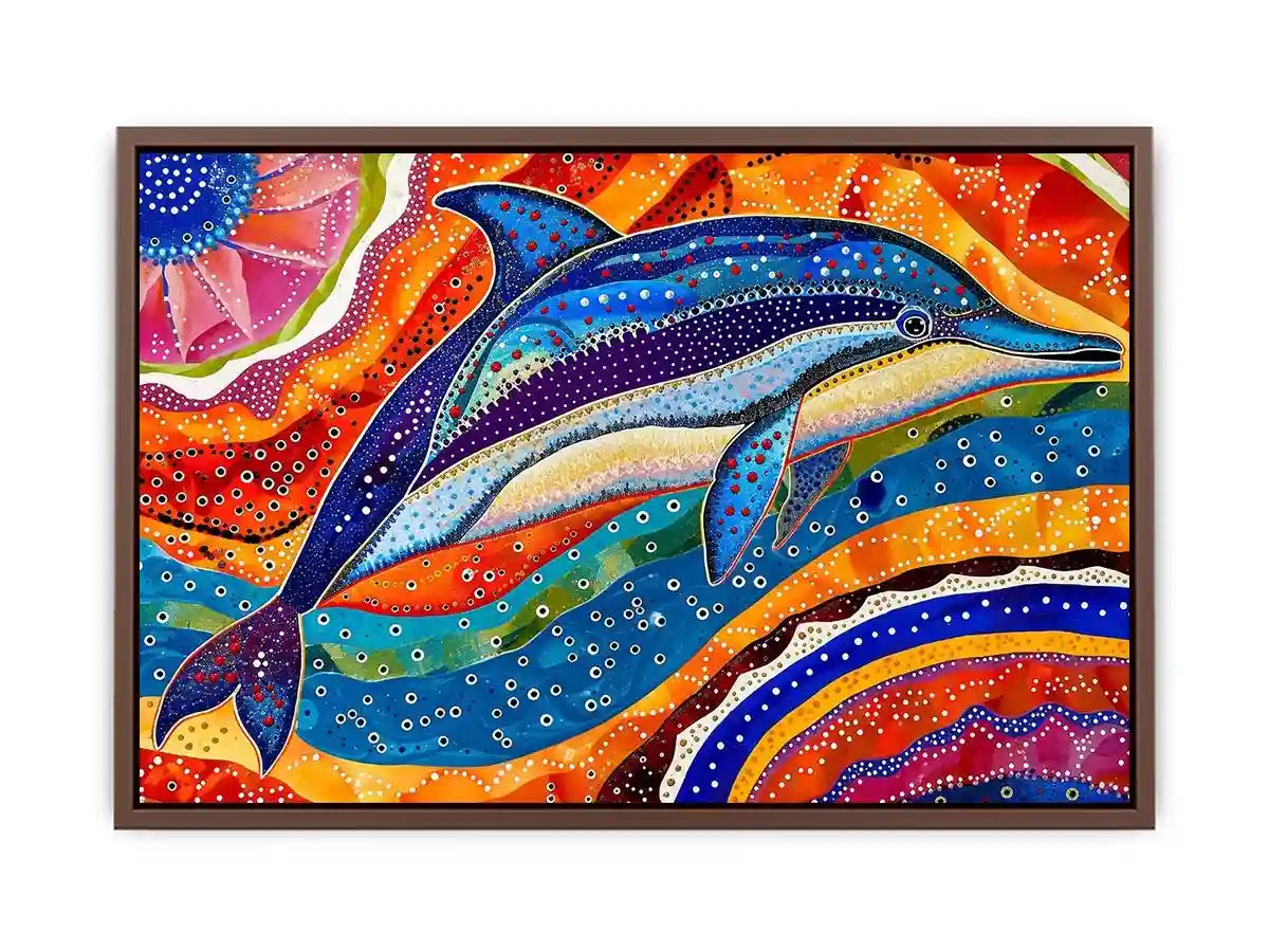 Vibrant dolphin canvas wall art for colorful coastal living room decor.