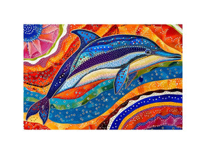 Vibrant dolphin canvas wall art for colorful coastal living room decor.