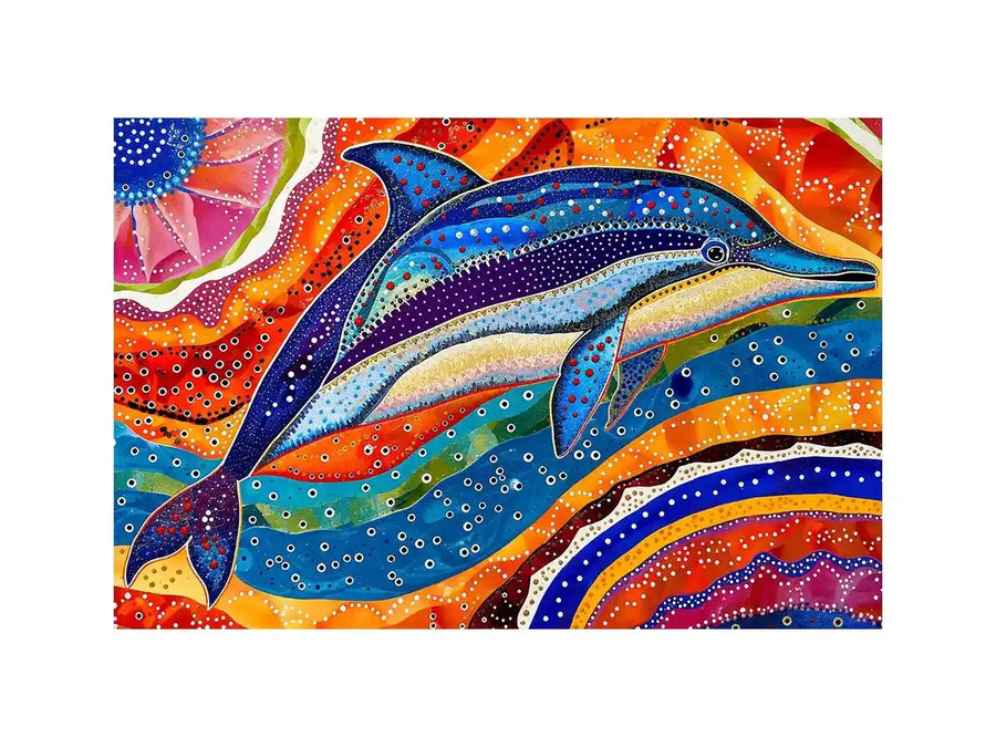 Vibrant dolphin canvas wall art for colorful coastal living room decor.