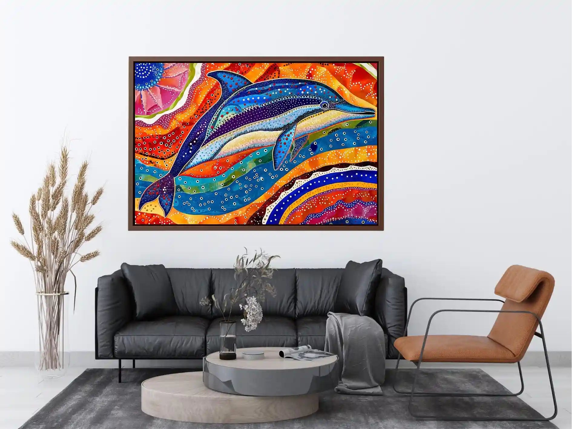 Vibrant dolphin canvas wall art for colorful coastal living room decor.