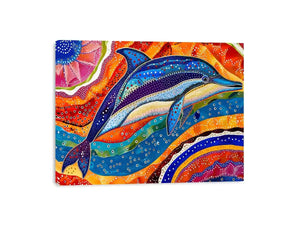 Vibrant dolphin canvas wall art for colorful coastal living room decor.