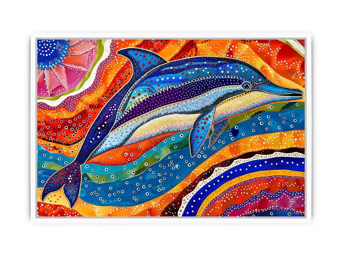 Vibrant dolphin canvas wall art for colorful coastal living room decor.