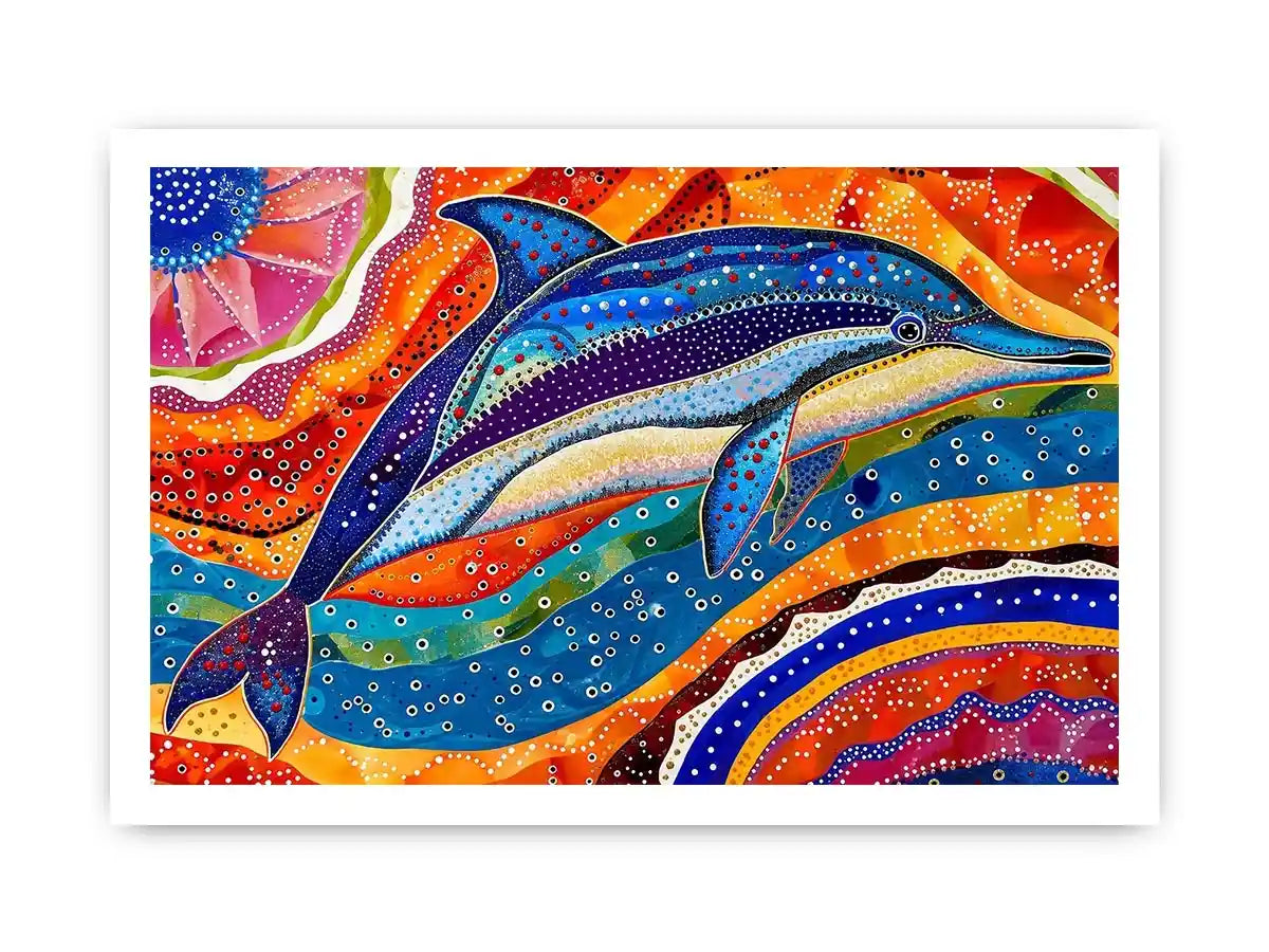 Vibrant dolphin canvas wall art for colorful coastal living room decor.