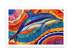 Vibrant dolphin canvas wall art for colorful coastal living room decor.