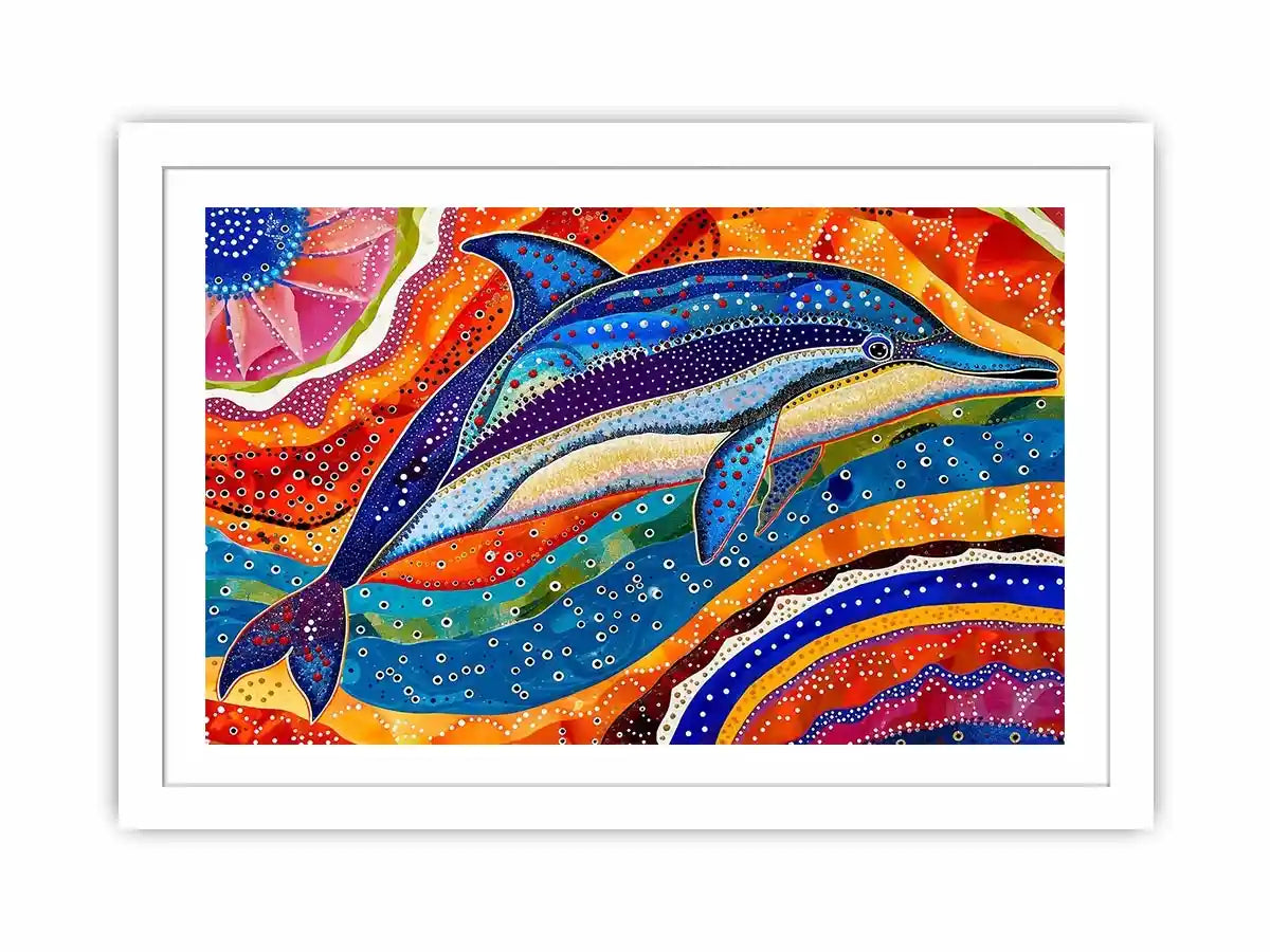 Vibrant dolphin canvas wall art for colorful coastal living room decor.