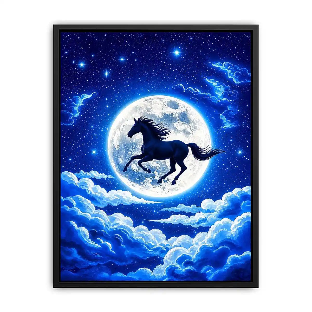Moonlit horse canvas wall art for dreamy bedroom and modern living room decor.