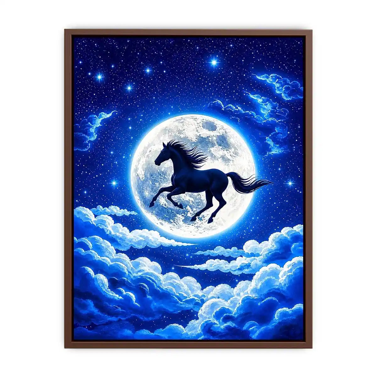 Moonlit horse canvas wall art for dreamy bedroom and modern living room decor.