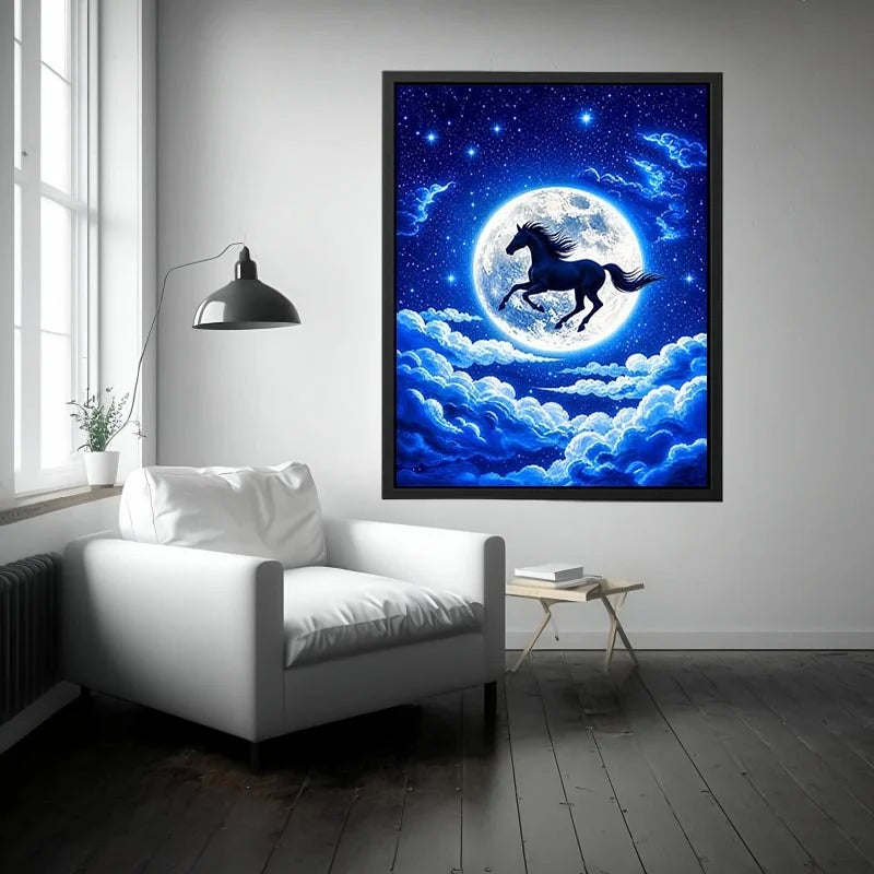 Moonlit horse canvas wall art for dreamy bedroom and modern living room decor.