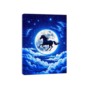 Moonlit horse canvas wall art for dreamy bedroom and modern living room decor.