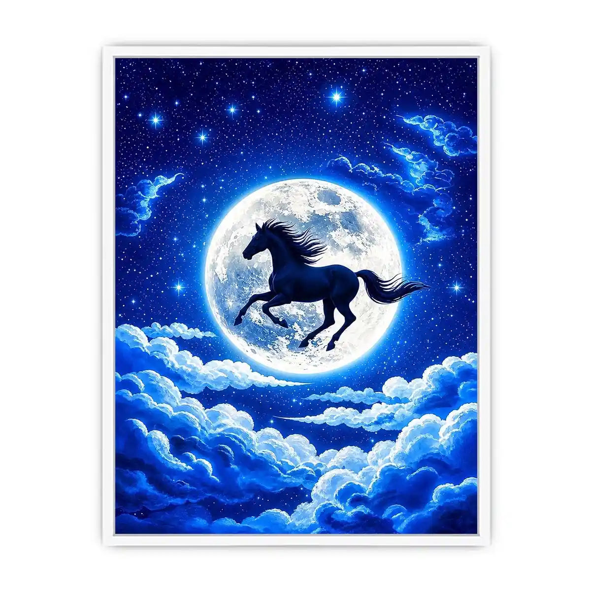 Moonlit horse canvas wall art for dreamy bedroom and modern living room decor.