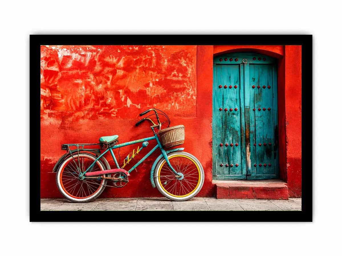 Colorful vintage bicycle wall art for modern loft and eclectic living room decor.