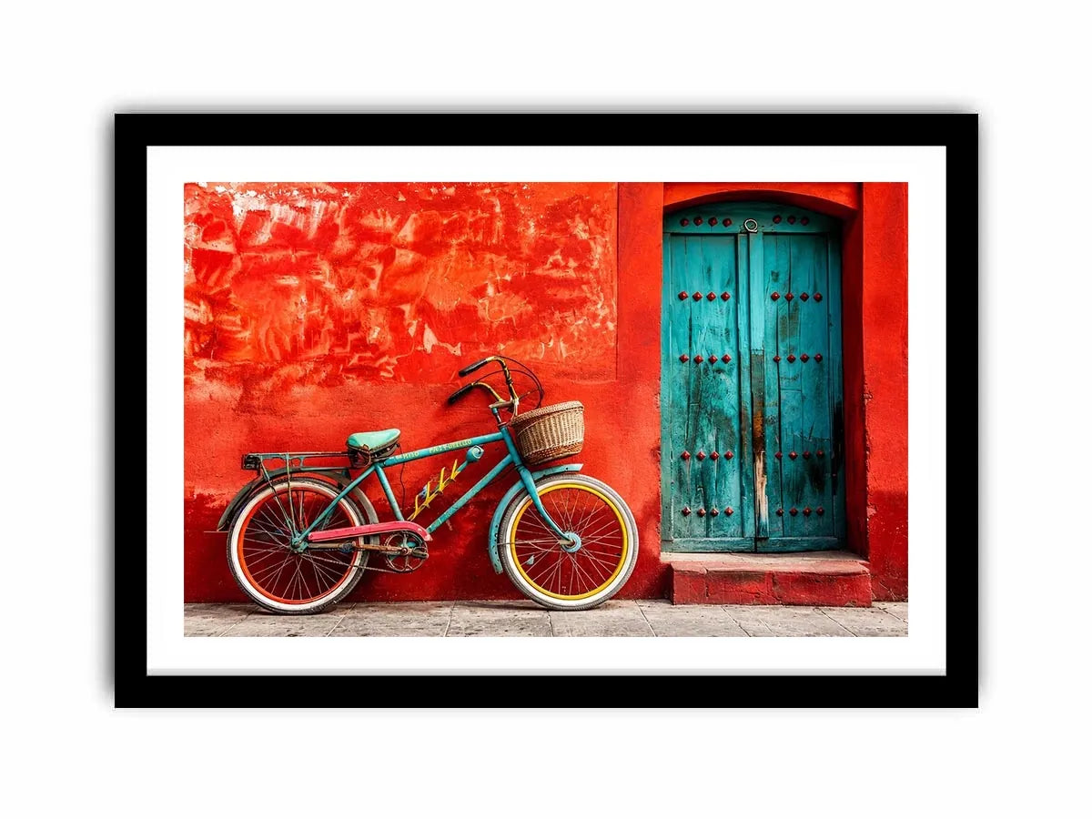 Colorful vintage bicycle wall art for modern loft and eclectic living room decor.