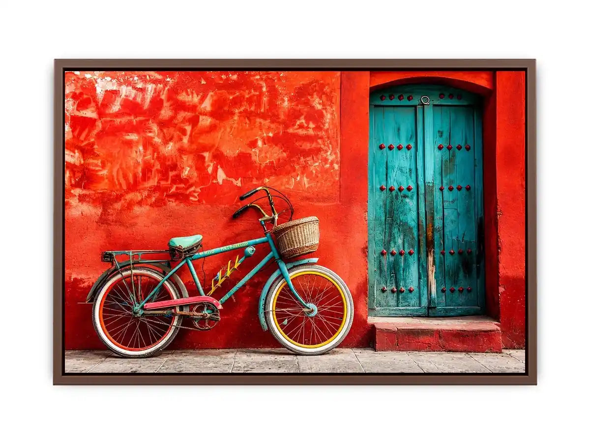 Colorful vintage bicycle wall art for modern loft and eclectic living room decor.