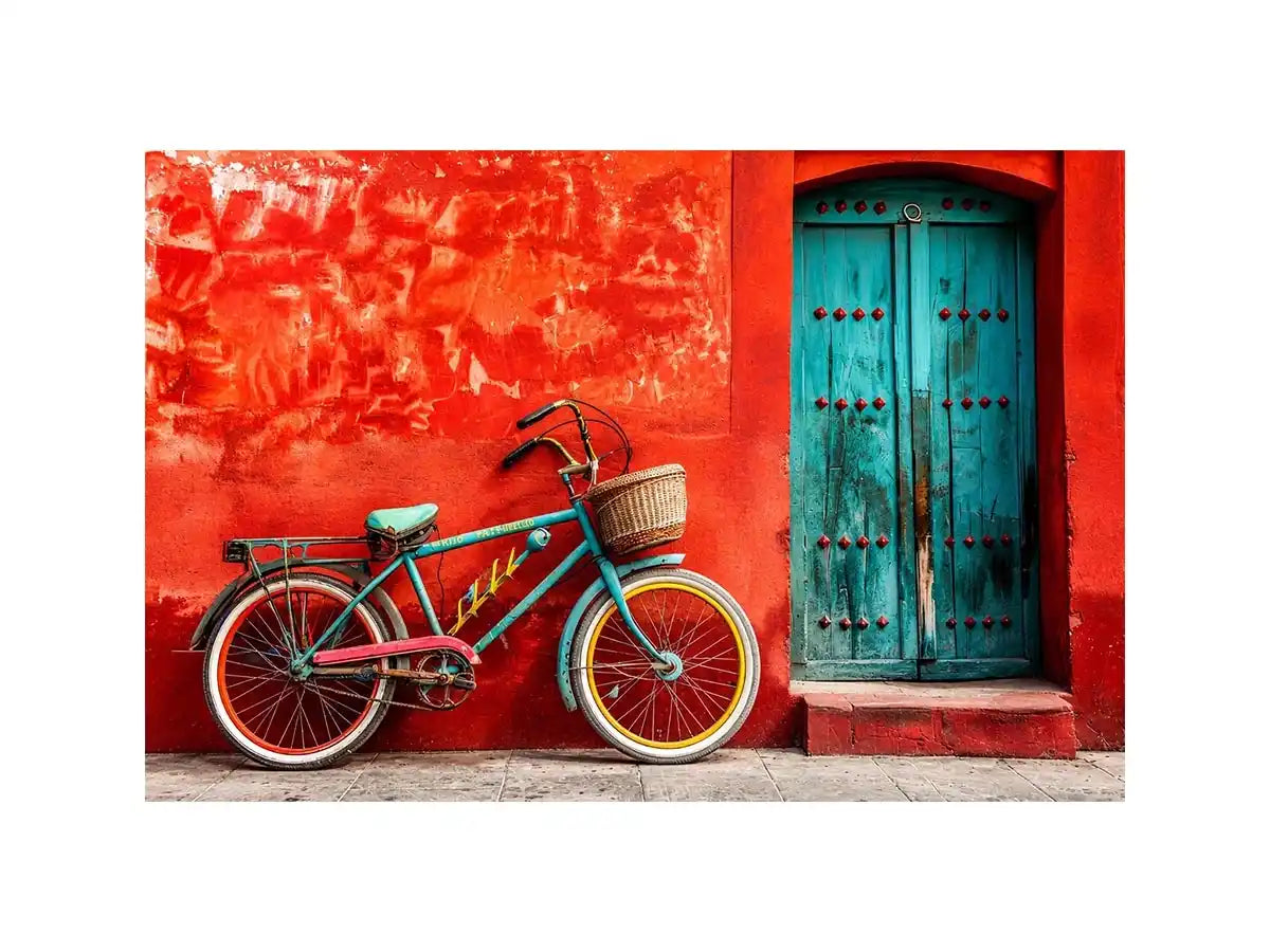 Colorful vintage bicycle wall art for modern loft and eclectic living room decor.