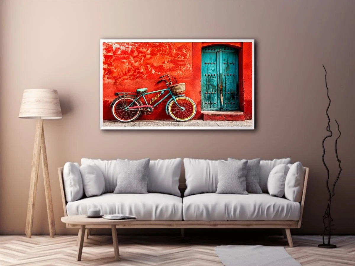 Colorful vintage bicycle wall art for modern loft and eclectic living room decor.