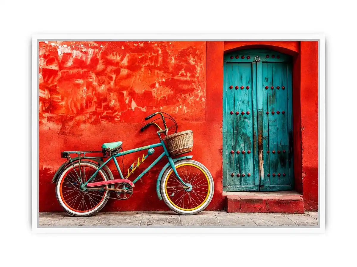 Colorful vintage bicycle wall art for modern loft and eclectic living room decor.
