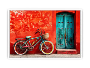 Colorful vintage bicycle wall art for modern loft and eclectic living room decor.
