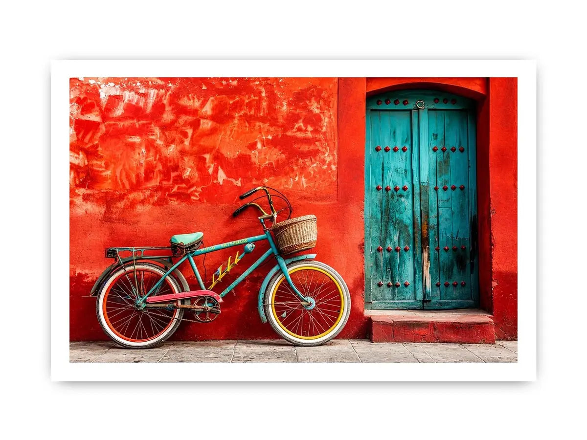 Colorful vintage bicycle wall art for modern loft and eclectic living room decor.
