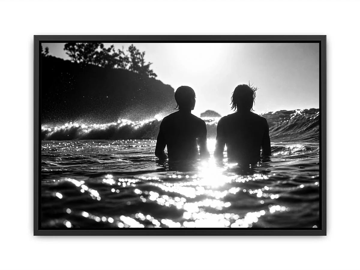 Black and white coastal ocean photography canvas art for modern living room and luxury bedroom decor.