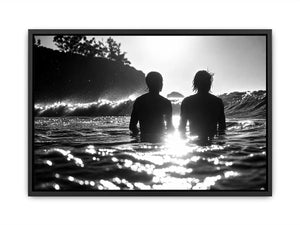 Black and white coastal ocean photography canvas art for modern living room and luxury bedroom decor.