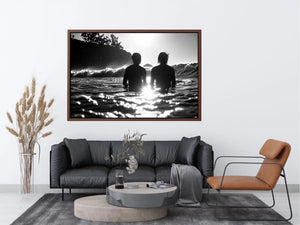 Black and white coastal ocean photography canvas art for modern living room and luxury bedroom decor.