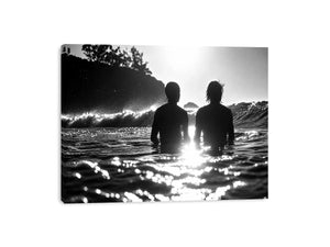 Black and white coastal ocean photography canvas art for modern living room and luxury bedroom decor.