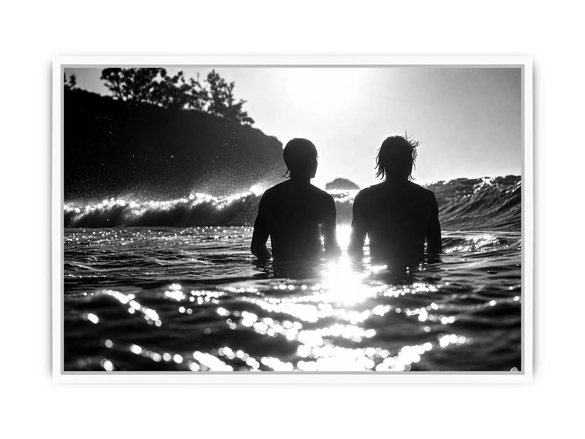 Black and white coastal ocean photography canvas art for modern living room and luxury bedroom decor.