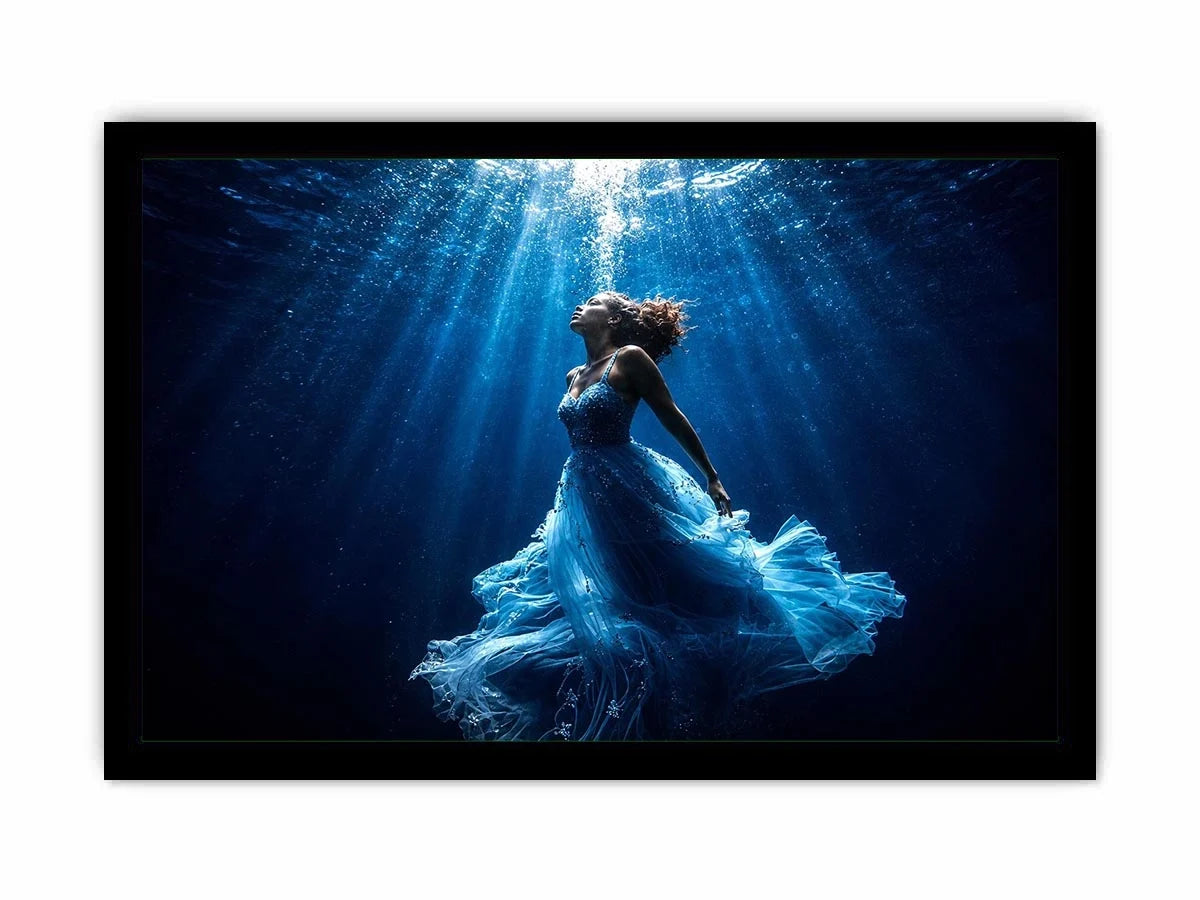 Luxury underwater woman canvas art with flowing blue dress for elegant modern bedroom or living room decor.