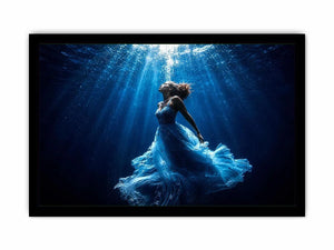 Luxury underwater woman canvas art with flowing blue dress for elegant modern bedroom or living room decor.