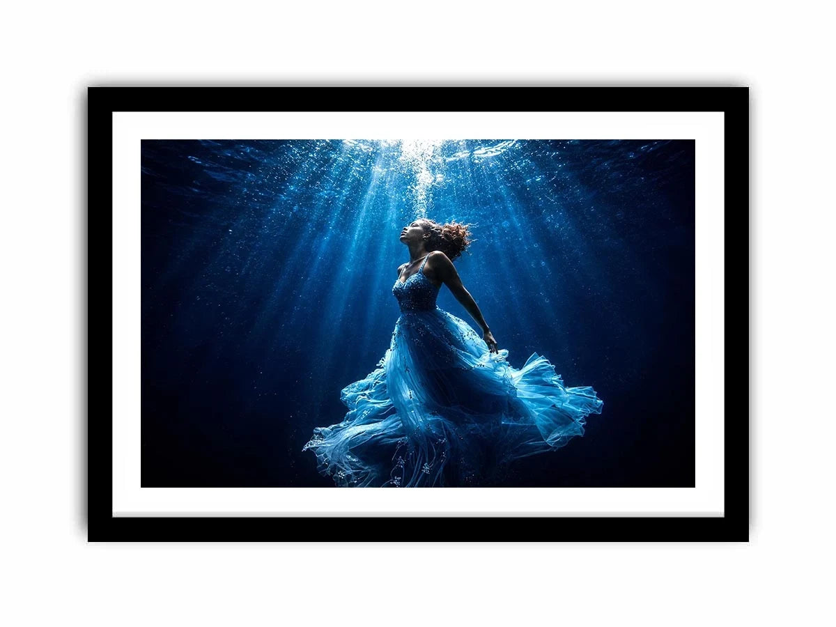 Luxury underwater woman canvas art with flowing blue dress for elegant modern bedroom or living room decor.