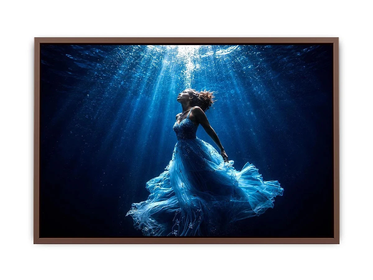 Luxury underwater woman canvas art with flowing blue dress for elegant modern bedroom or living room decor.