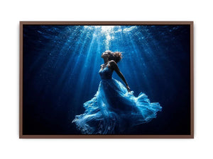 Luxury underwater woman canvas art with flowing blue dress for elegant modern bedroom or living room decor.