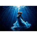 Luxury underwater woman canvas art with flowing blue dress for elegant modern bedroom or living room decor.